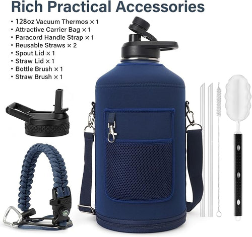 1 Gallon Water Bottle Insulated | Thickened Stainless Steel Vacuum Metal Water Jug | Portable Sports Large for Gym and Hiking with Straw, Carrier Bag, Handle Strap | BPA-Free 128 oz