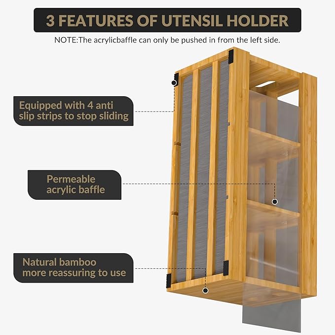 Garvee 10 in Bamboo Utensil Holder for Countertop, Kitchen Cooking Utensil Organizer with 6 Compartments & Diatomaceous Earth Drying Mat, Wood Silverware Caddy for Party Home, Natural