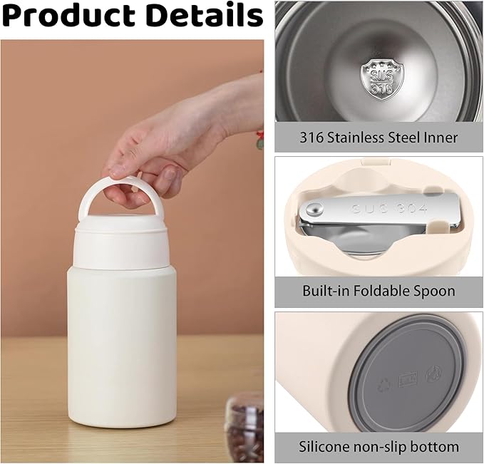 Thermo for Hot & Cold Food, 17oz Insulated Food Jar with Handle Spoon, Thermal Lunch Container, 316 Stainless Steel Lunch Box for Men Women, Keeps food Hot for 12 Hours or Cold for 24 Hours(White-S)
