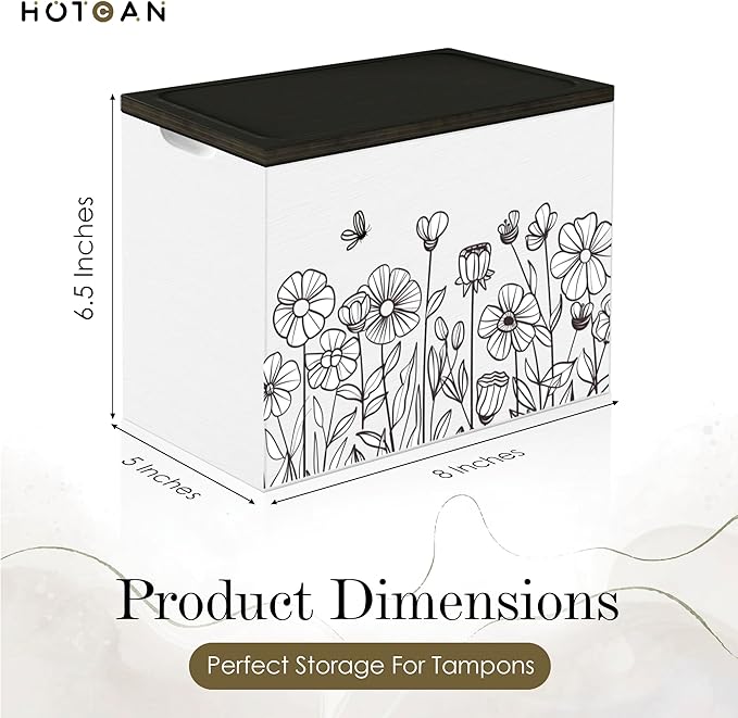 Discreet Tampon Holder for Bathroom with Vanity Tray Lid, Tampon Organizer for bathroom for Wall or Countertop Mount, Wood Pad Dispenser, Feminine Product Organizer (Floral)