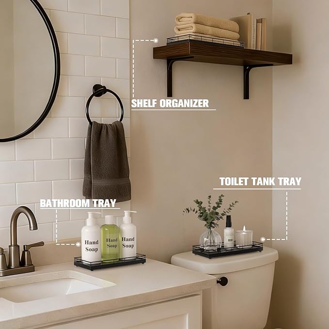 Bathroom Vanity Tray – 12" x 6" Oak Decorative Wooden Tray for Toilet Tank Organizer, Wood Tray for Bathroom Countertop, Soap, Perfume Storage Vanity Dresser Decor for Bathroom Essentials Black