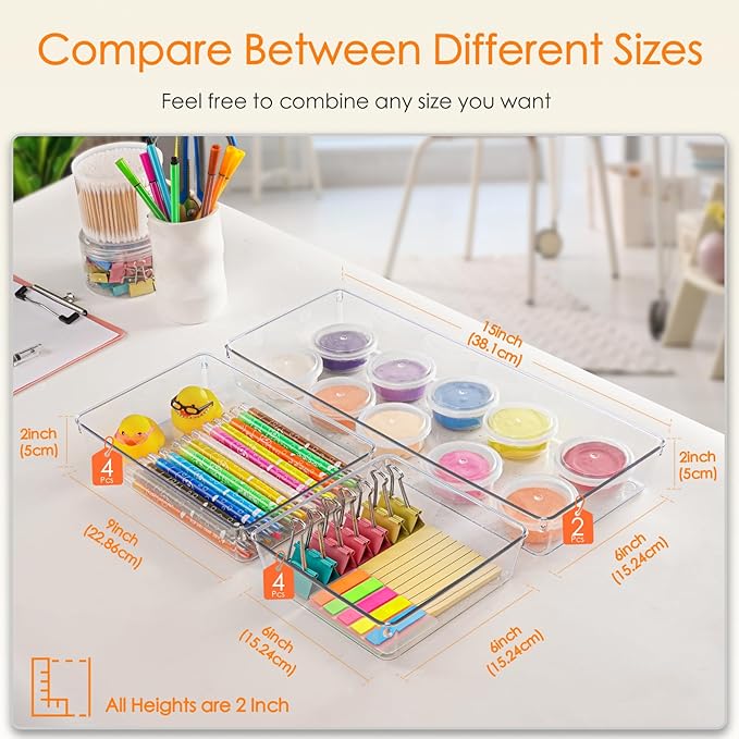 Criusia Drawer Organizer, 10 Pack Large Clear Plastic Set, 3 Size Versatile Bathroom and Vanity Organizer Trays, Storage Bins for Makeup, Bedroom, Kitchen Utensils