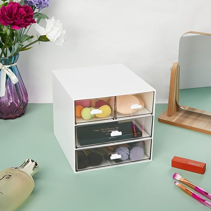 Desk Organizer with 4 Drawers, Clear Plastic Desk Storage Box, Desktop Organization for Office Supplies, Gel Pens, Pencils, Markers, Tape, Erasers, Paperclips, Chargers (White-4 Draws)
