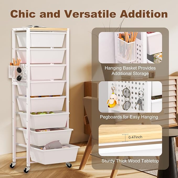 Rolling Cart with Drawers, Rolling Storage Cart with 8 Large Plastic Drawers & Wooden Tabletop, Utility Cart with Pegboards & Basket, Storage Drawers Cart for Living Room, Classroom, Bedroom, Office