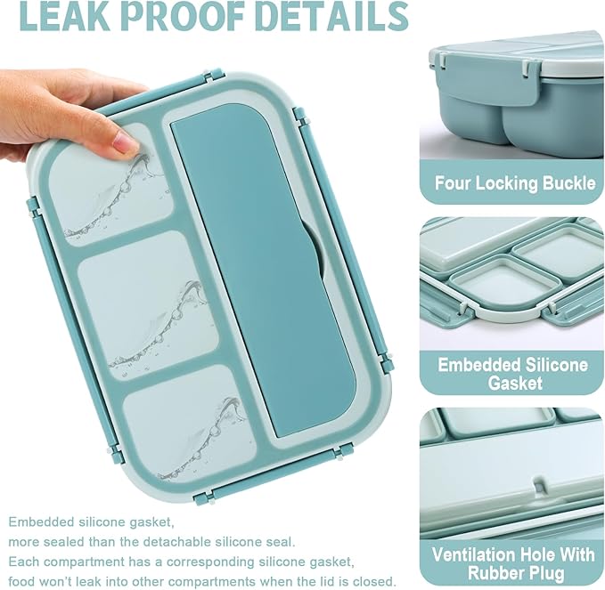 Bento Box Adult Lunch Box, Lunch Containers for Kids Girls Boys with 4 Compartments, Lunchable Food Container with Utensils, Sauce Jar, Muffin Liners, 40 Oz/5 Cup, Light Teal