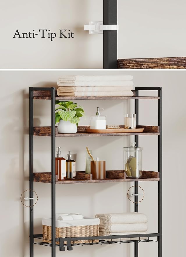 4 Tier Over The Toilet Storage Shelf with 3 Adjustable Shelves, Space Saver Bathroom Organizer with 4 Hooks, Freestanding Above Toilet Rack for Restroom Laundry (Brown)