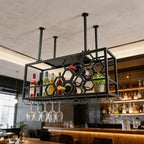 Ceiling Wine Glass Rack, Hanging Wine Rack with Glass Holder and Shelf, 2 Layer Industrial Iron Hanging Wine Bottle Holder, Metal Ceiling Shelf for Bar Cafe Kitchen, 39.4*11.8*15.8in (Black)