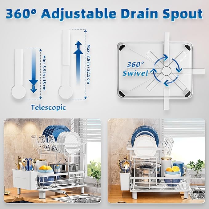 Dish Drying Rack, Stainless Steel-Dish Rack, Dish Racks for Kitchen Counter, Kitchen Dish Drainers with Removable Utensil Holder,New Drain Outlet,Plate Rack and Drainboard (White 3)