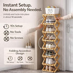 DDRIC The 9-Tier No-Assembly Bamboo Rack, Foldable 9 Tier Bamboo Shoe Rack with Collapsible Vertical Design, Space-Saving Shoe Storage Shelf for Entryway Closet Dorm, No-Tool Assembly (Brown,4)