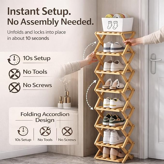 Foldable Shoe Rack, 2-9 Tier No-Tool Assembly Bamboo Organizer with Anti-Wobble X-Design for Small Spaces, Sturdy Vertical Storage Shelf for Entryway, Closet, Apartment & Dorm (Brown,6 Layers)