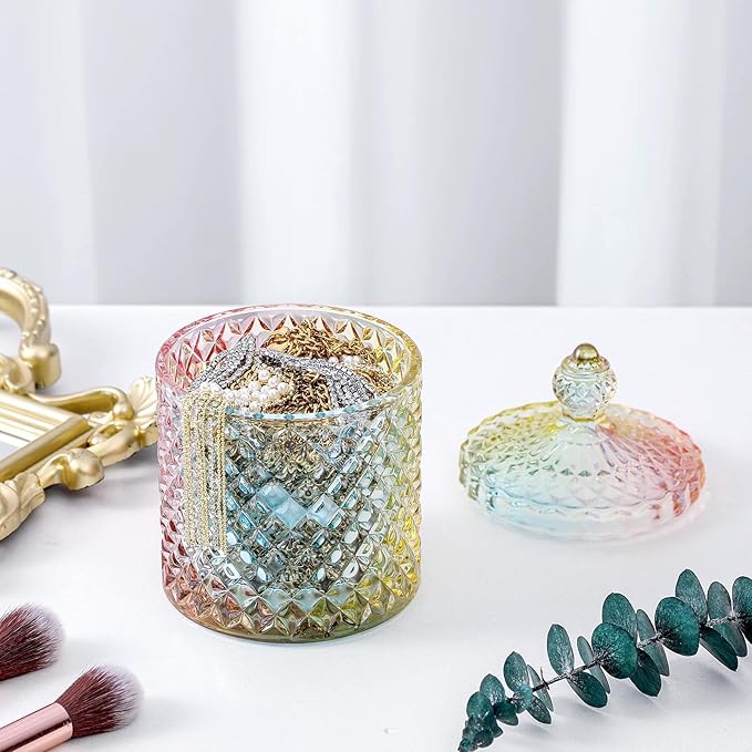 Qtip Holder Glass Apothecary Jars with Lid Bathroom Accessories Vanity Organizers and Makeup Storage for Cotton Swabs, Makeup Sponges, Bath Salts, Canister Dispenser, 2 Pack Rainbow