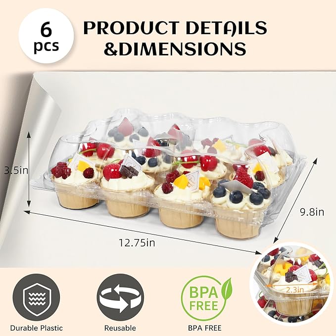 12 Count x 6 Sets Plastic Cupcake Containers, Durable and BPA-Free Cupcake Holder with Lid for Easy Transport Storage, Stackable Clear Cupcake Carriers, Reusable Dessert Boxes