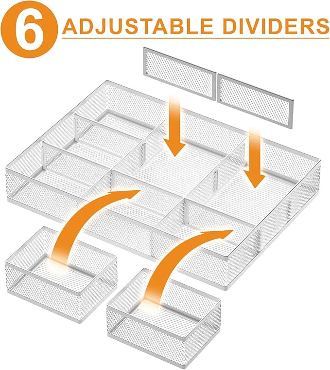 Marbrasse 3 Packs White Desk Drawer Organizers,Drawer Organizer Tray with 9 Adjustable Compartments,Junk Drawer for Makeup & Vanity, Office Desk Supplies and Accessories（White）