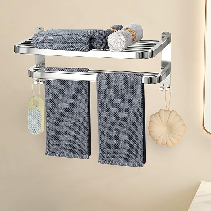 DDS-DUDES 15 Inch Bathroom Towel Rack Towel Shelf with Double Towel Bars Lavatory Wall Mount Holder with Hooks Stainless Steel Hotel Bath Rack