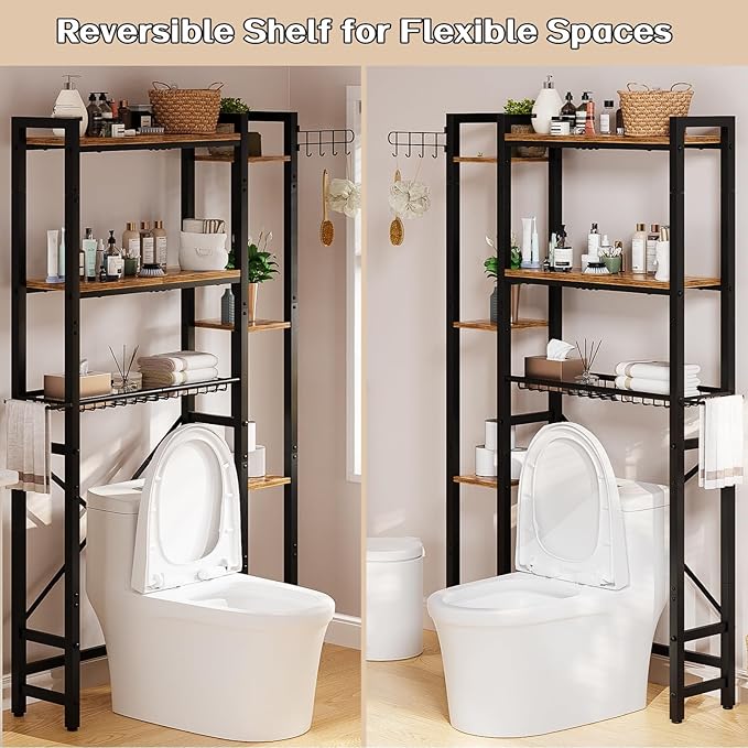Over The Toilet Storage with Side Shelf, 7 Tier Bathroom Organizer Rack with Paper Holder, Hooks and Basket, Freestanding Above Toilet Shelf for Laundry, Quick Interlock Install (Vintage Brown)