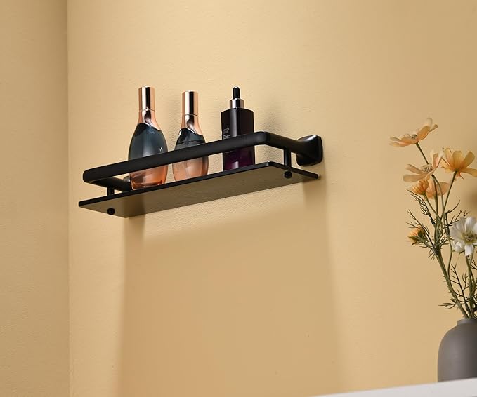 16-Inch Bathroom Glass Shelf - Matte Black Wall-Mounted Organizer - Thickened 8mm Black Tempered Glass with Safety Railing
