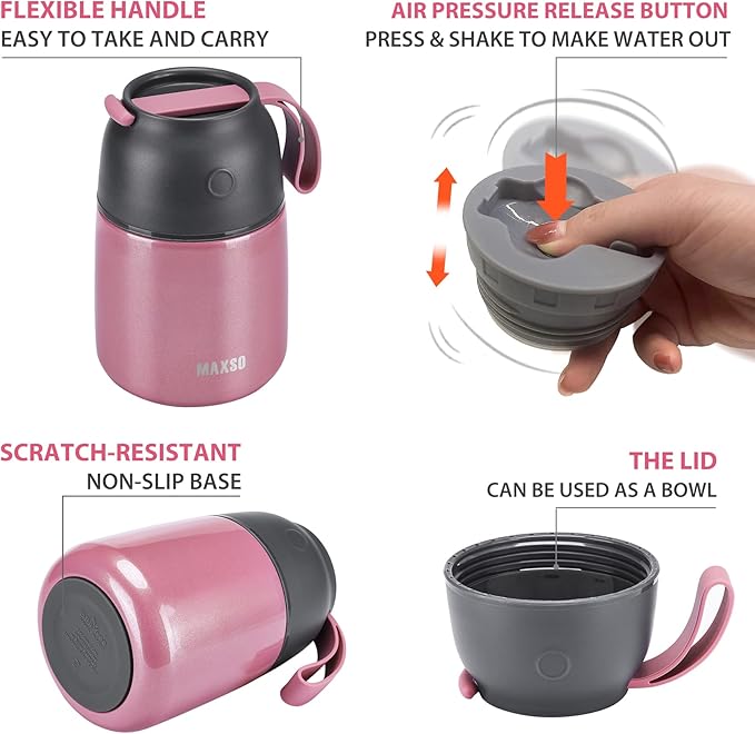 MAXSO 2 Pack Soup Thermo for Hot & Cold Food for Kids Adults, Vacuum Insulated Food Jar Thermal Lunch Containers, Travel Food Flask with Spoon (24 oz,17 oz) (Pink)