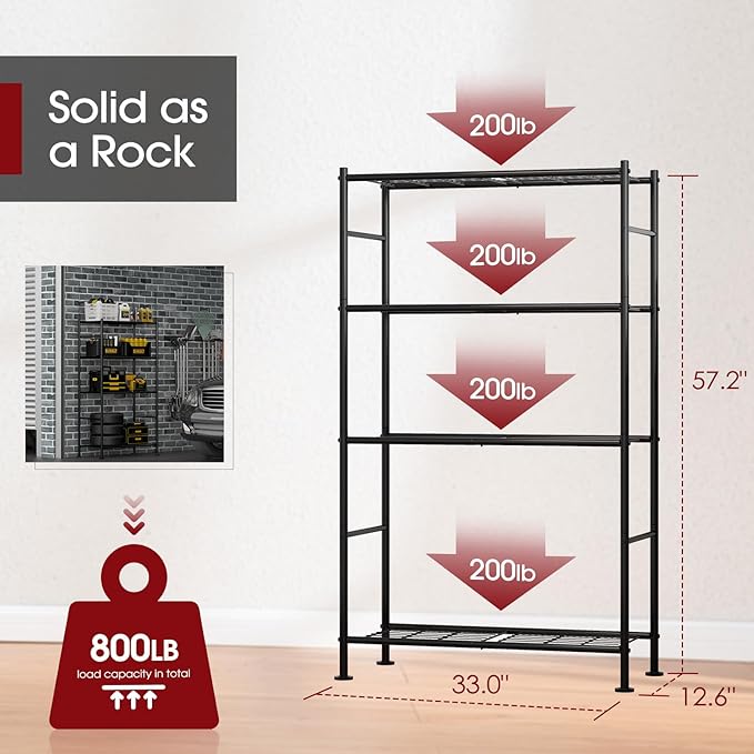Storage Shelves - 4 Tier Shelf Organizer, Heavy Duty Garage Shelving Unit with Leveling Feet, Stable Metal Shelves Organizer for Pantry, Kitchen and Closet, 33.0" W x 12.6" D x 57.2" H, Black