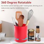 Cyrank Utensil Holder, 360° Rotating Utensil Holder for Kitchen Counter Flatware Caddy Cooking Silverware Storage Organizer for Spoon Spatula, 6.5x5.7 Inch (Red)