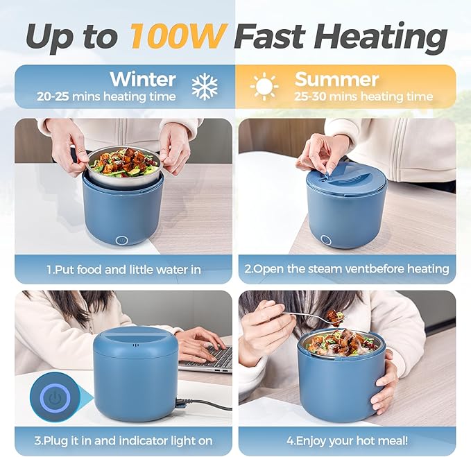 Monteka 41-oz Portable Electric Heated Lunch Box for Adults, 100W Spill-Proof & Dishwasher-Safe Food Warmer for Office/Car/Travel, 12V/24V/110V/220V Universal Voltage, Ideal Gift for Men & Women