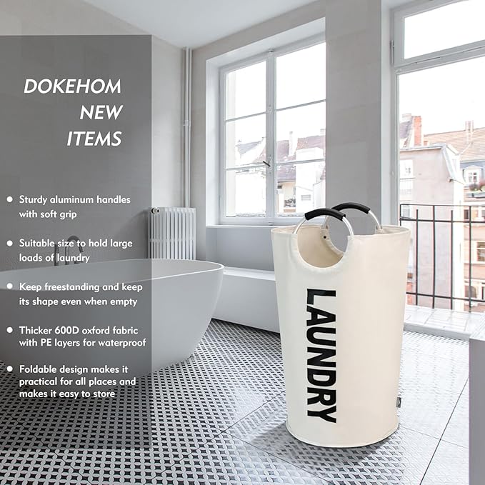 DOKEHOM 125L X-Large Laundry Basket, Collapsible Laundry Bag, Freestanding Tall Clothes Hamper, Foldable Washing Bin (Beige)