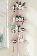 Corner Shower Caddy Tension Pole - Pink - Rustproof Adjustable Bathroom Organizer Shelf for Shampoo, 25–114.2 Inch Shower Rack for Renters, Apartments