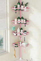 Corner Shower Caddy Tension Pole - Pink - Rustproof Adjustable Bathroom Organizer Shelf for Shampoo, 25–114.2 Inch Shower Rack for Renters, Apartments