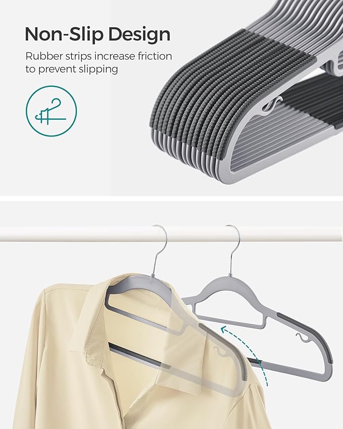 SONGMICS Pack of 50 Coat Hangers, Space-Saving Plastic Clothes Hangers, Non-Slip, 0.2 Inches Slim, 16.5 Inches Wide, 360° Swivel Silver Hook, Light Gray and Dark Gray UCRP20G50