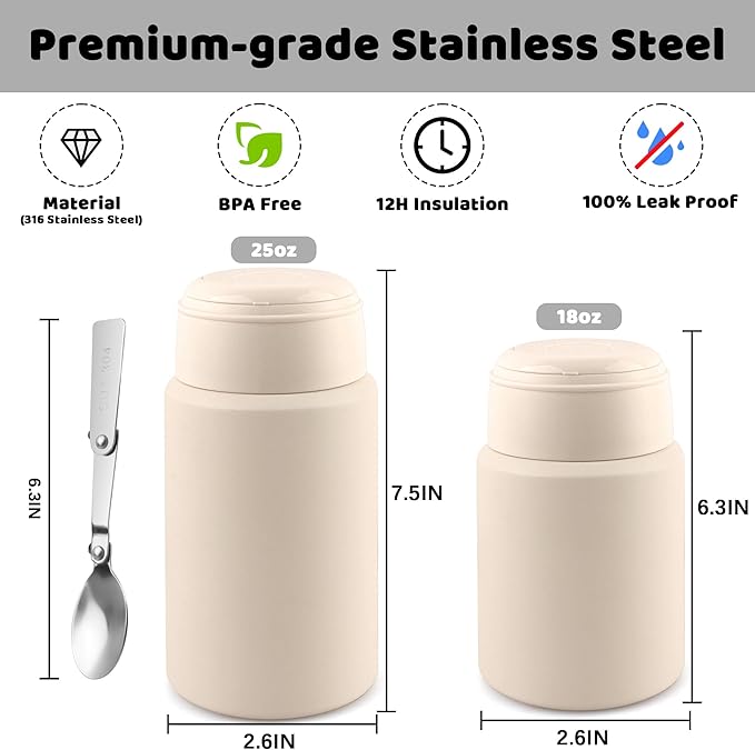 Thermo for Hot & Cold Food, 17oz Insulated Food Jar with Handle Spoon, Thermal Lunch Container, 316 Stainless Steel Lunch Box for Men Women, Keeps food Hot for 12 Hours or Cold for 24 Hours(White-S)