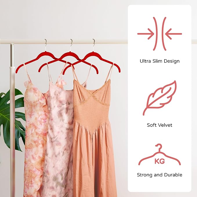 30 Pack Velvet Hangers – Non-Slip Slim Clothes Hangers with 360° Swivel Hook, Heavy Duty Flocked Shirt Hangers for Dresses, Suits, Blouses, Coats(Red)