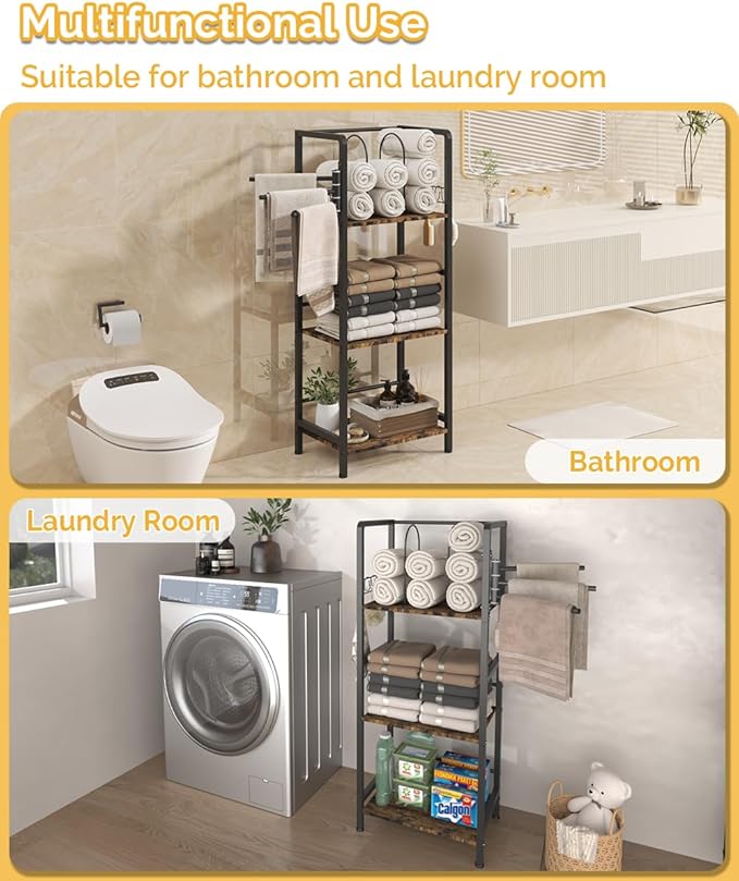 Free Standing Towel Racks for Bathroom with 3 Rotating Bars, 3-Tier Floor Towels Holder Stand with Detachable Dividers, Pool Towel Storage Organizer with 8 S-Hooks for Home, Poolside, Black