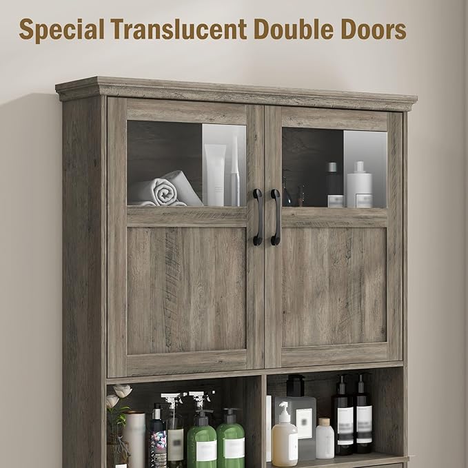 Vabches Over-The-Toilet Storage Cabinet with Double Doors, Toilet Paper Holder Stand & Adjustable Shelf, Freestanding Space Saver, Grey