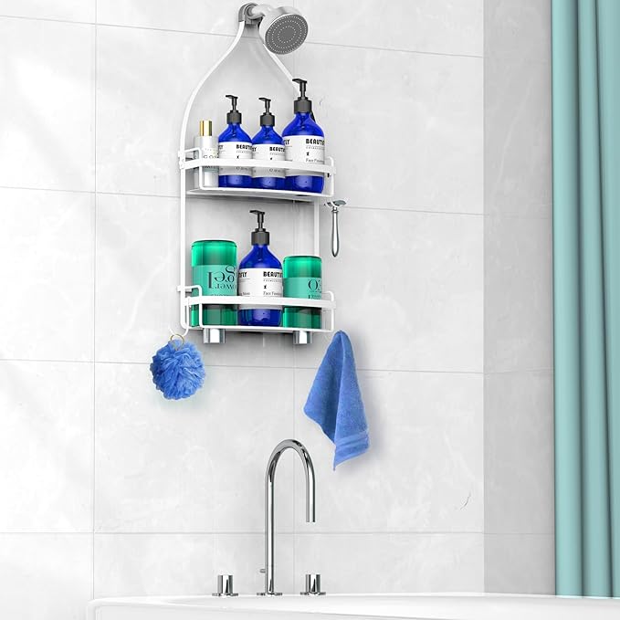 Meangood Shower Caddy Over Shower Head, White Anti-Swing Hanging Shower Caddy with 4 Remove Hooks for Razor, Sponge, Towels Rustproof Shower Organizer for Bathroom