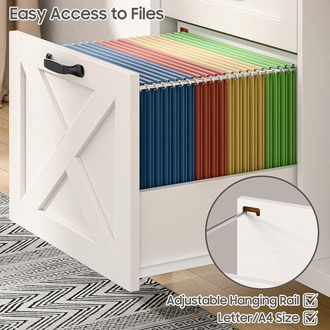 Lateral File Cabinet with 2 Drawers and Door, Farmhouse File Cabinet for A4/Letter Size Hanging Files, Large Wood File Storage Cabinets Printer Stand with Open Space for Home Office Furniture, White