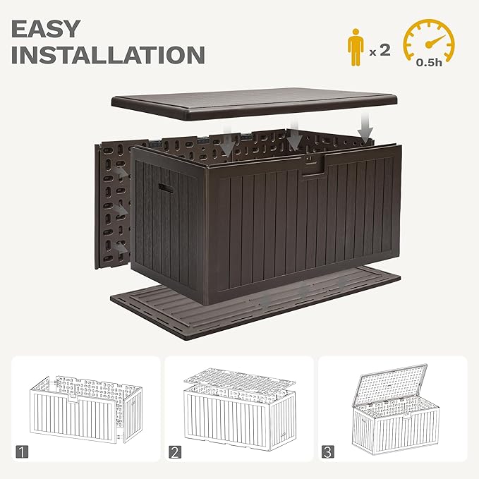 DWVO 150 Gallon Double-Wall Deck Box, XL Large Resin Outdoor Storage Box, Lockable & Waterproof, Double as Seating, 1000lbs Capacity (Brown)