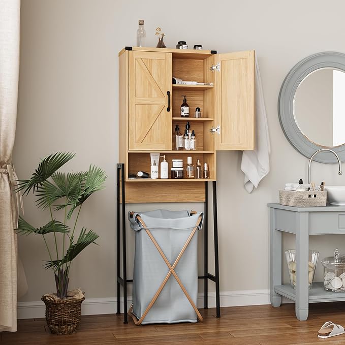 Over The Toilet Storage Cabinet with 2-Door Design Bathroom Organizers and Storage with Anti-Tip Device Over Toilet Organizer with Shelves for Bathroom,Restroom,Laundry Natural