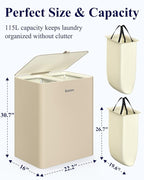 Kitsure Laundry Basket 115L – Large Laundry Hamper with Lid, 2-Compartment Divided Clothes Sorter with Removable Hamper Bags, Beige Organizer for Laundry Room, Bathroom & Bedroom, 22.2" x 16" x 30.7"