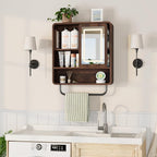 QUW Modern Bathroom Wall Cabinet, Medicine Cabinets with Mirror, Over The Toilet Storage Cabinet for Bathroom, Towel Bar, Sliding Door, 3 Lighting Modes, Adjustable Brightness, Dark Walnut