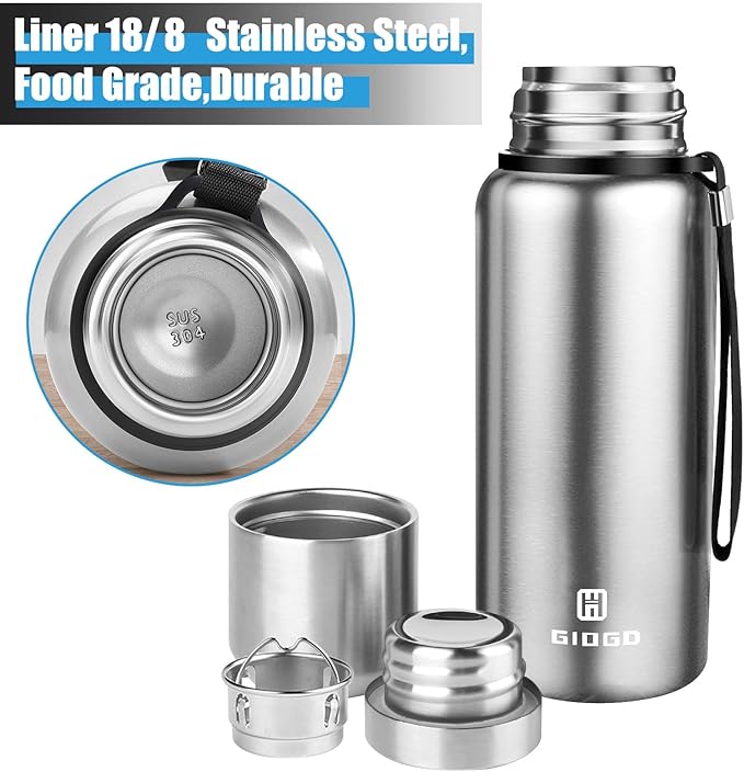 Insulated vacuum Thermo Bottle 500ml/16.9oz with cup Stainless steel coffee bottles for hot and cold drink water flask.(Silver,500ml)