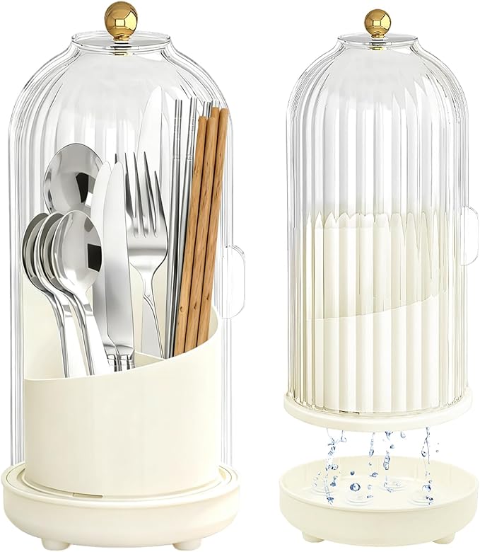 Kitchen Utensil Holder with Sliding Lid and Draining Tray, Self Draining 360° Rotating 3-Slot Kitchen Countertop Organizer Cooking Utensil Crock for Flatware Chopsticks Spoon Spatula Cutlery (White)