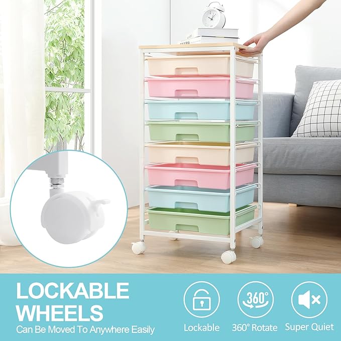 Rolling Storage Cart with Drawers,Utility Cart With 8 Drawers and Wooden Tabletop,Rolling Drawer Cart,Storage Drawer Cart for Living Room,Classroom,Bedroom,Bathroom,Dorm,Office,Rainbow