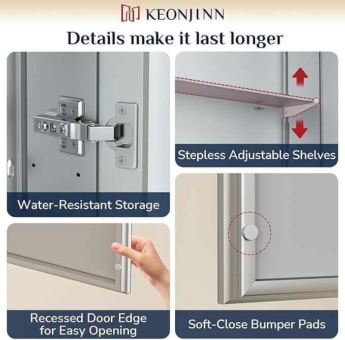 Keonjinn Medicine Cabinet 14 x 18 in, Bathroom Medicine Cabinets Mirror, Small-Sized, Lightweight, One Shelve Only, Surface Mount or Recessed, Tempered Glass, Assembly Required