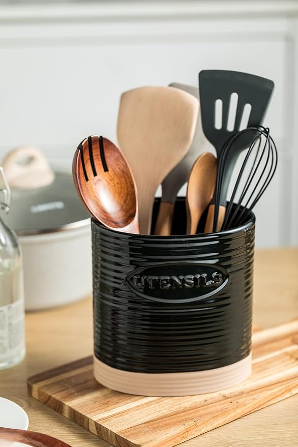 YHOSSEUN Black Utensil Holder, Ceramic Utensil Holder for Kitchen Counter, 6.7" Halloween Utensil Crock for Kitchen Tools Utensil Caddy, Oval Shape