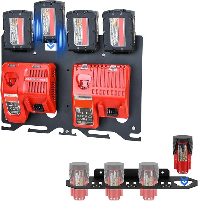 3-in-1 Metal Wall Mount for Milwaukee Charger, Battery and Drill, Battery Holder for 4×M12 & 4×M18 Batteries, Charger Holder for 2x M12-18C/2x M12-18FC/1x M18 DFC Chargers, Power Tool Organizer