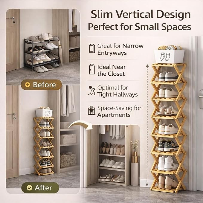 Foldable Shoe Rack, 2 - 9 Tier No-Tool Assembly Bamboo Organizer with Anti-Wobble X-Design for Small Spaces, Sturdy Vertical Storage Shelf for Entryway, Closet, Apartment & Dorm (Yellow,5 Layers)