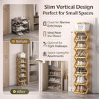 DDRIC The 9-Tier No-Assembly Bamboo Rack, Foldable 9 Tier Bamboo Shoe Rack with Collapsible Vertical Design, Space-Saving Shoe Storage Shelf for Entryway Closet Dorm, No-Tool Assembly (Brown,4)