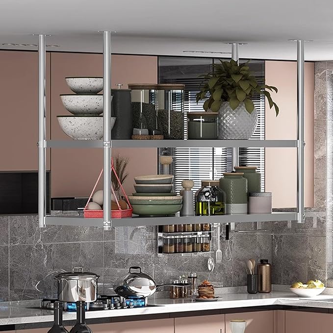 XPLKQXE Stainless Steel Ceiling Shelf, Hanging Industrial Ceiling Mount Storage Rack, Kitchen Wall Mounted Plant Stand/Wall Decor for Bar Cafe Kitchen(Silver-2lay,180x35x120cm)