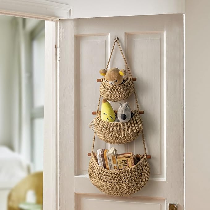 Hanging Fruit Basket, 3 Tier Over the Door Organizer, Handmade Woven Jute Wall Baskets for Organizing, BOHO Decor, Storage for Kitchen, Living & Bathroom Bedroom.
