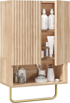 Bathroom Wall Cabinet, Wall Mounted Medicine Cabinets with Towel Bar & Adjustable Shelf, Over The Toilet Space Saver Storage Cabinet with 2 Doors, for Bathroom Laundry Room Kitchen, Natural