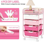 Rolling Cart with 4 Drawers,4 Tiers Rolling Utility Cart Craft Cart,Rolling Storage Drawer Cart with Mesh Top,Storage Cart with Drawers & 4 PCS DIY Lable, Rose Pink